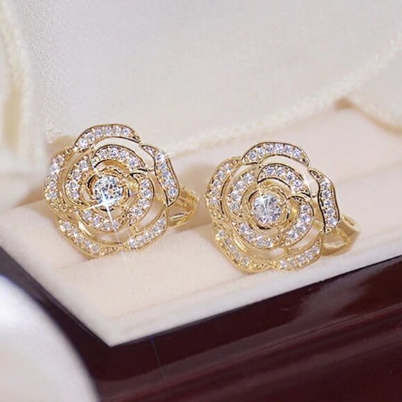 Silver Plated Diamond CZ Elegant Rose Flower Stud Earrings Women, HA4508 - Picture 1 of 4